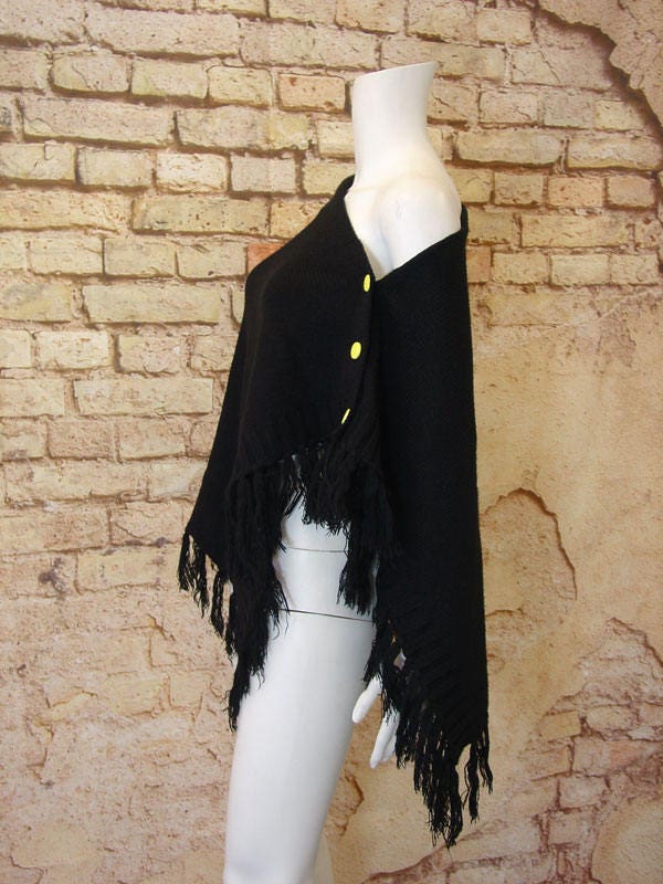 Button Up Knit Poncho, Wool Fringe Cape, Free Size