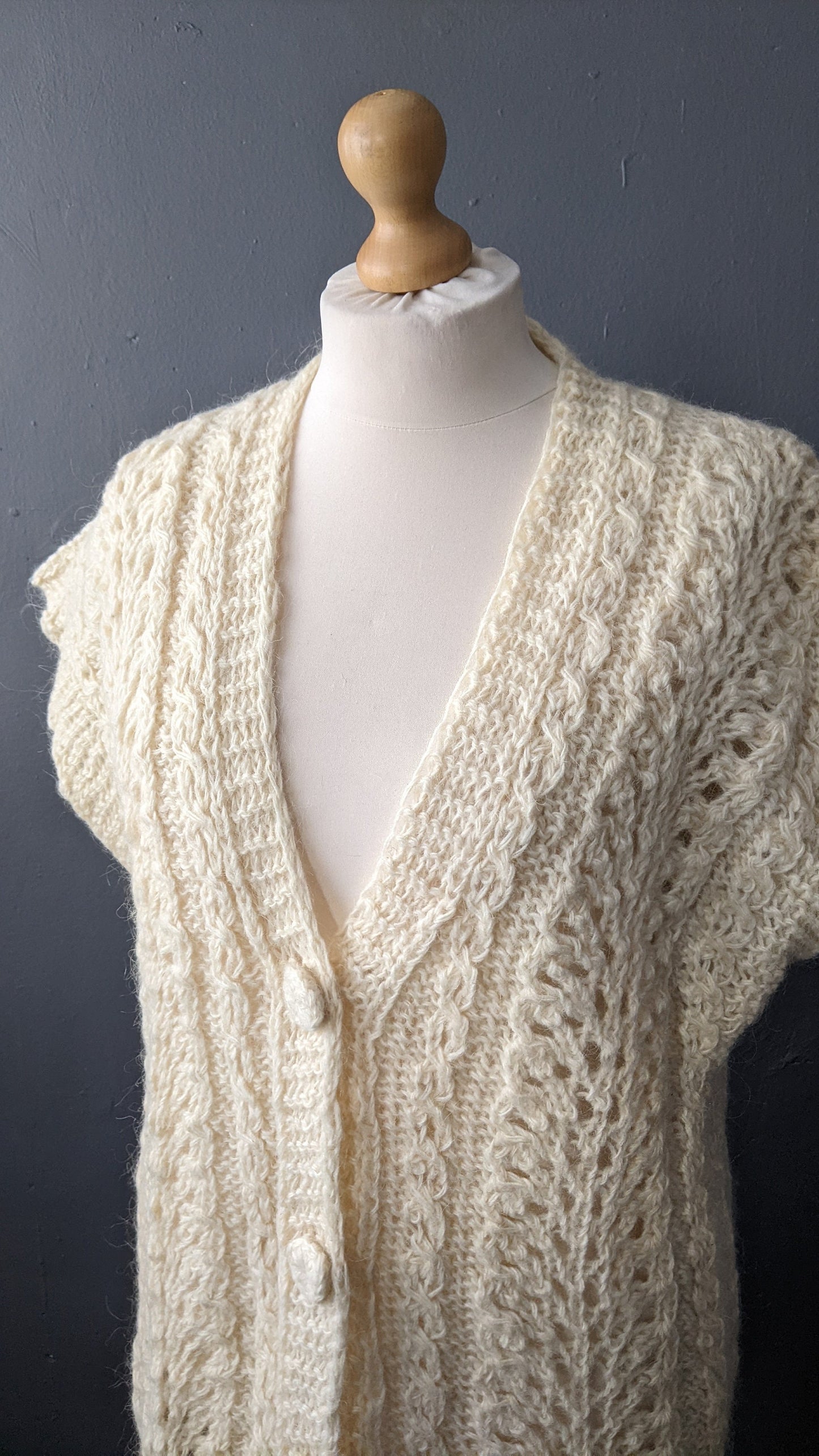 Cream White Cardigan Vest, Vintage Oversized Knit, XL to Plus Size