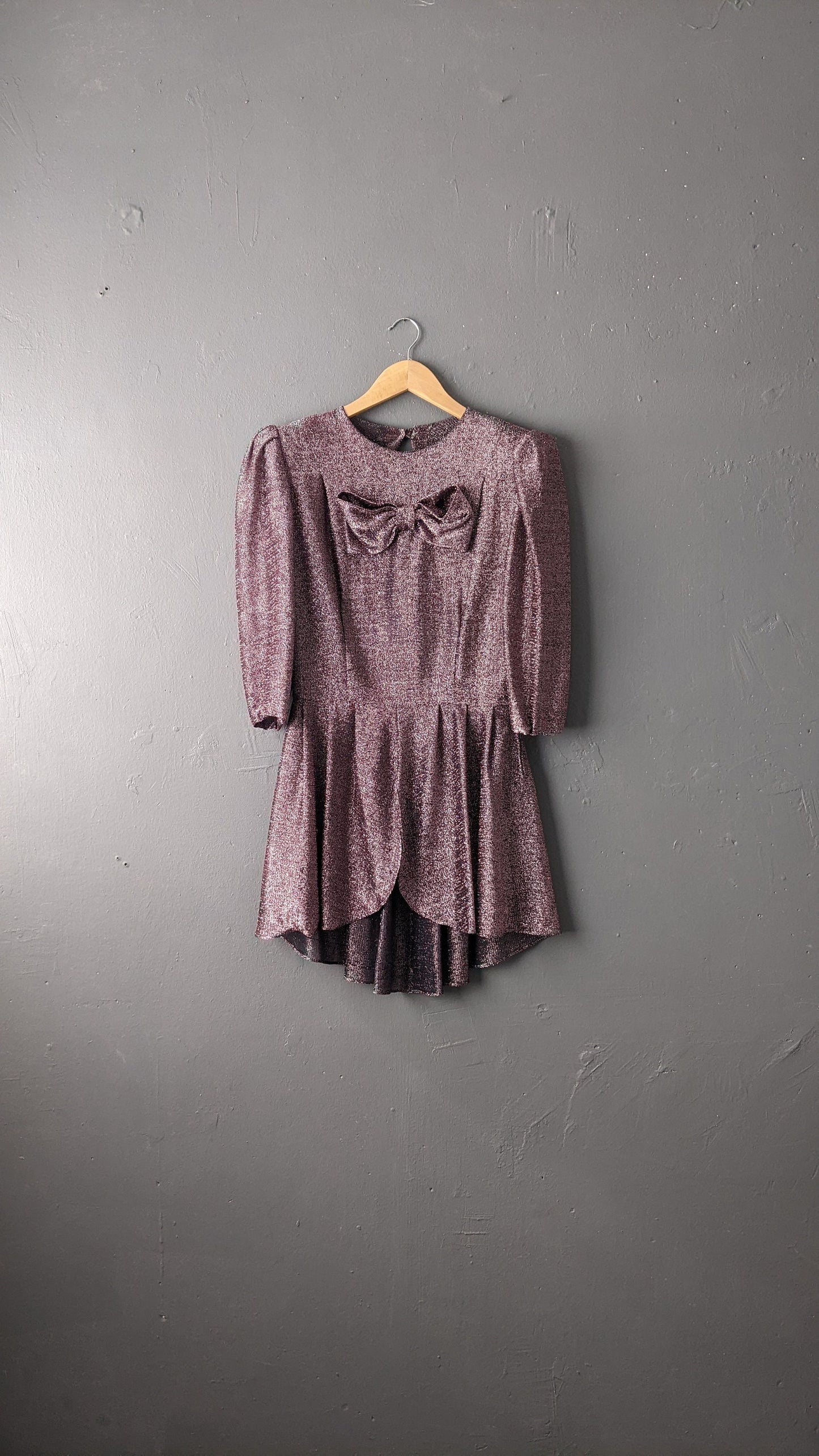 80s Sparkly Peplum Dress with Bow, Glitzy Semi Sheer Evening Wear, Size Small