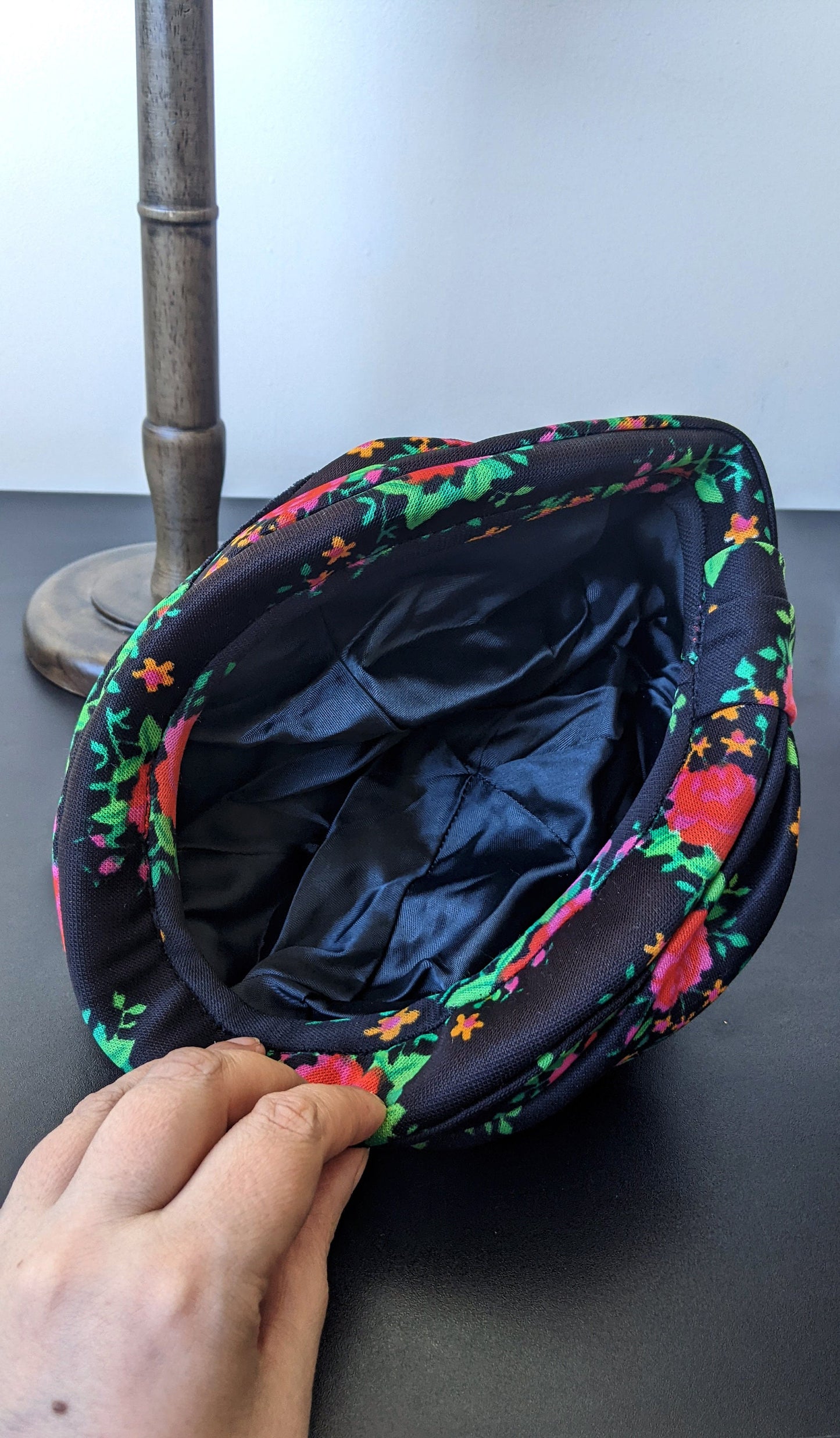 70s Black Turban Hat with Multicoloured Floral Print, Seventies Bohemian, Size Medium