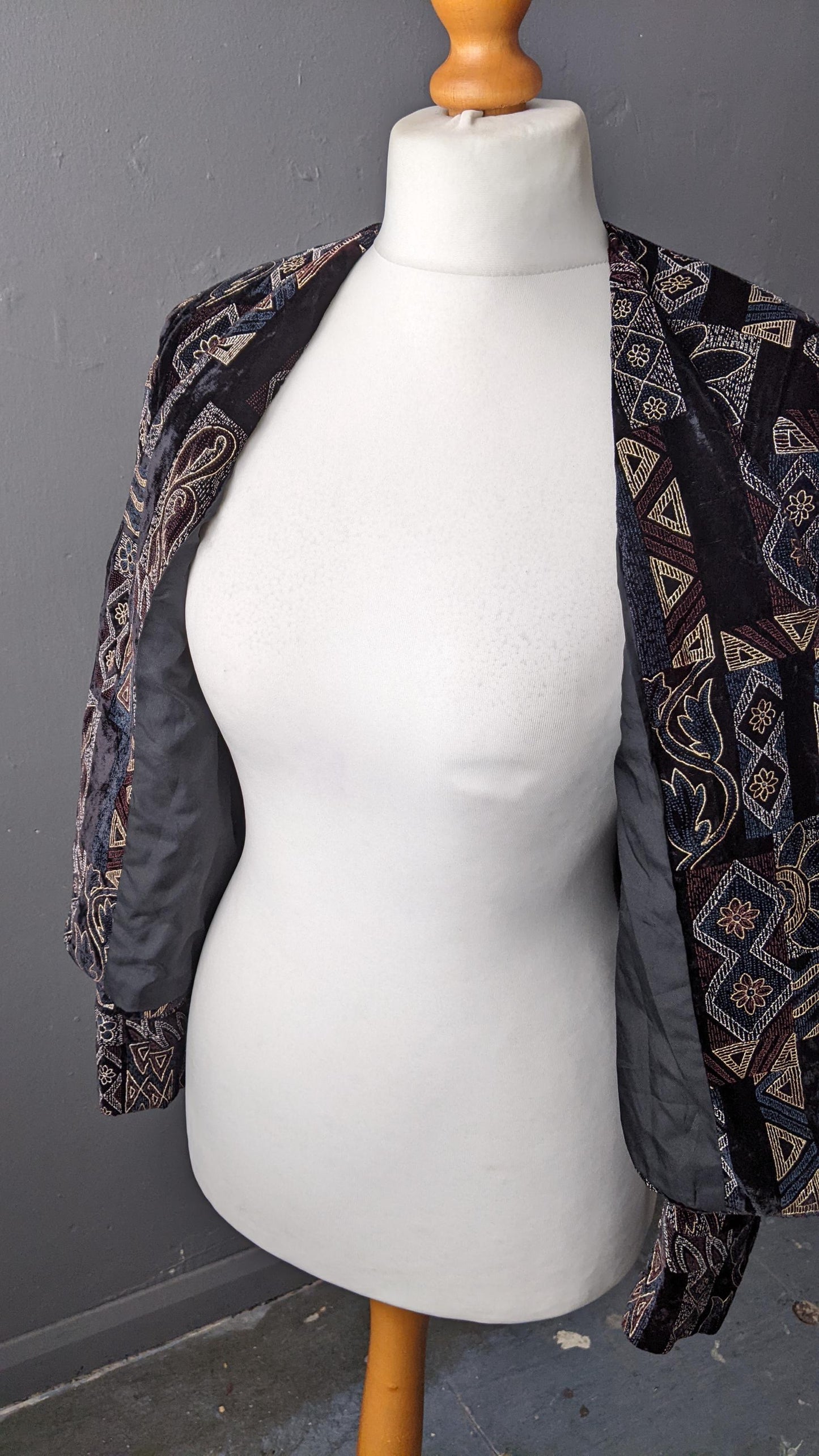 80s Velvet Jacket with Geometric Print, Retro Eveningwear, Size Small