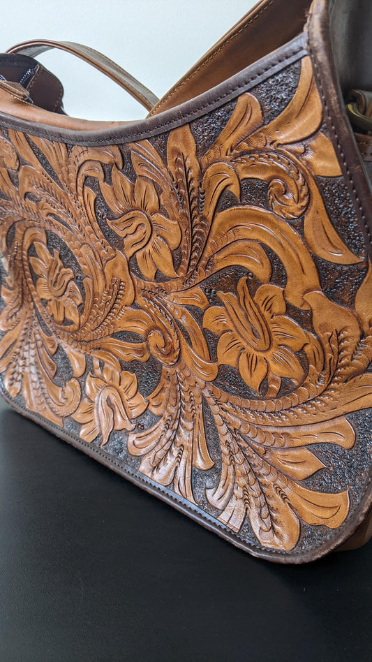 Vintage Tooled Leather Handbag with Adjustable Shoulder Strap, Bohemian Leafy Florals