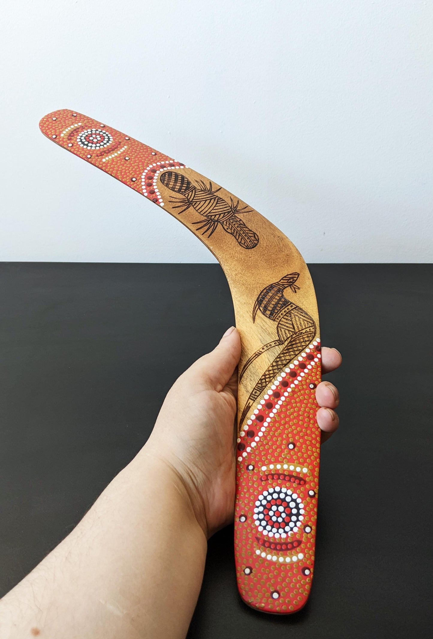 Vintage Aboriginal Boomerang, Kangaroo Platypus Pyrography Dot Painting, Australian Tourist Souvenir