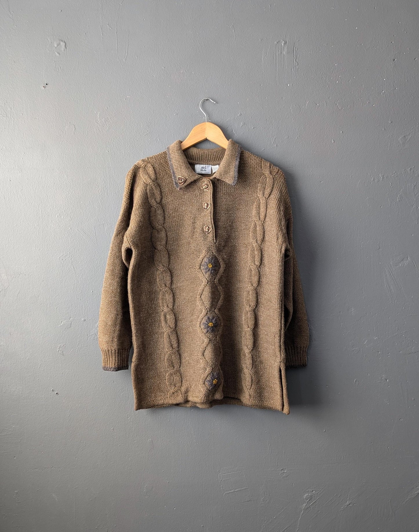 90s Khaki Floral Jumper, Cable Knit Pullover, Size Medium Large