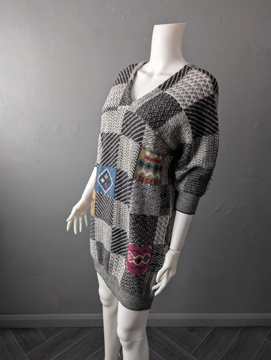 Retro Nerd Sweater Dress, Geometric Wool Jumper, 8 Bit Chic Knit, Size Medium