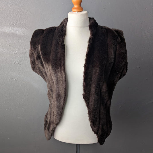 80s Dark Brown Faux Fur Gilet, Ribbed Sleeveless Jacket, Size Medium Large