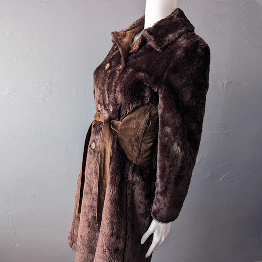 90s Faux Fur Coat, Double Breasted Vegan Winter Jacket, Size Small
