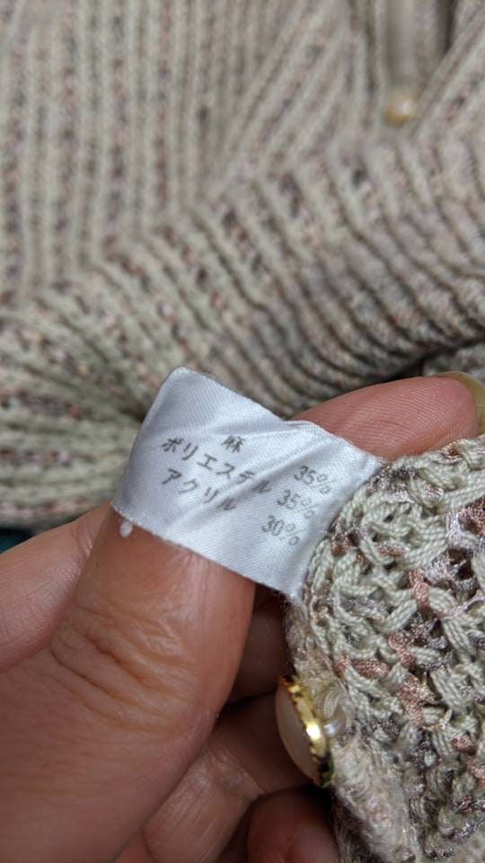 90s Japanese Linen Cardigan, Granny Chic Neutral Knit, Size Medium