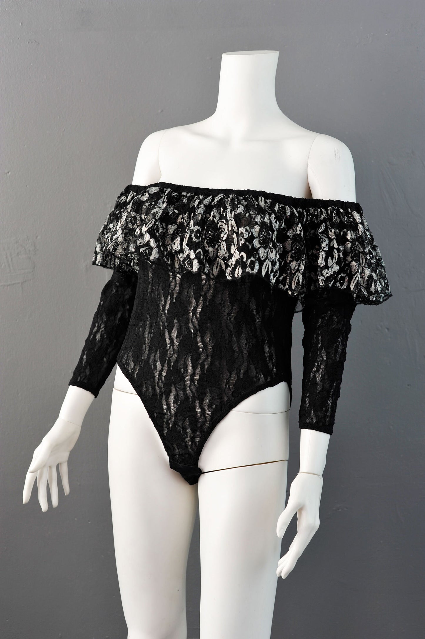 Vintage 80s Lace Body with Off Shoulder Ruffle by Buchholz, Size Medium Large