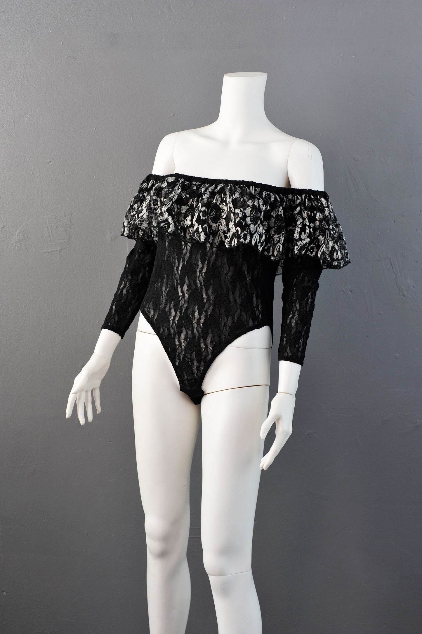 Vintage 80s Lace Body with Off Shoulder Ruffle by Buchholz, Size Medium Large