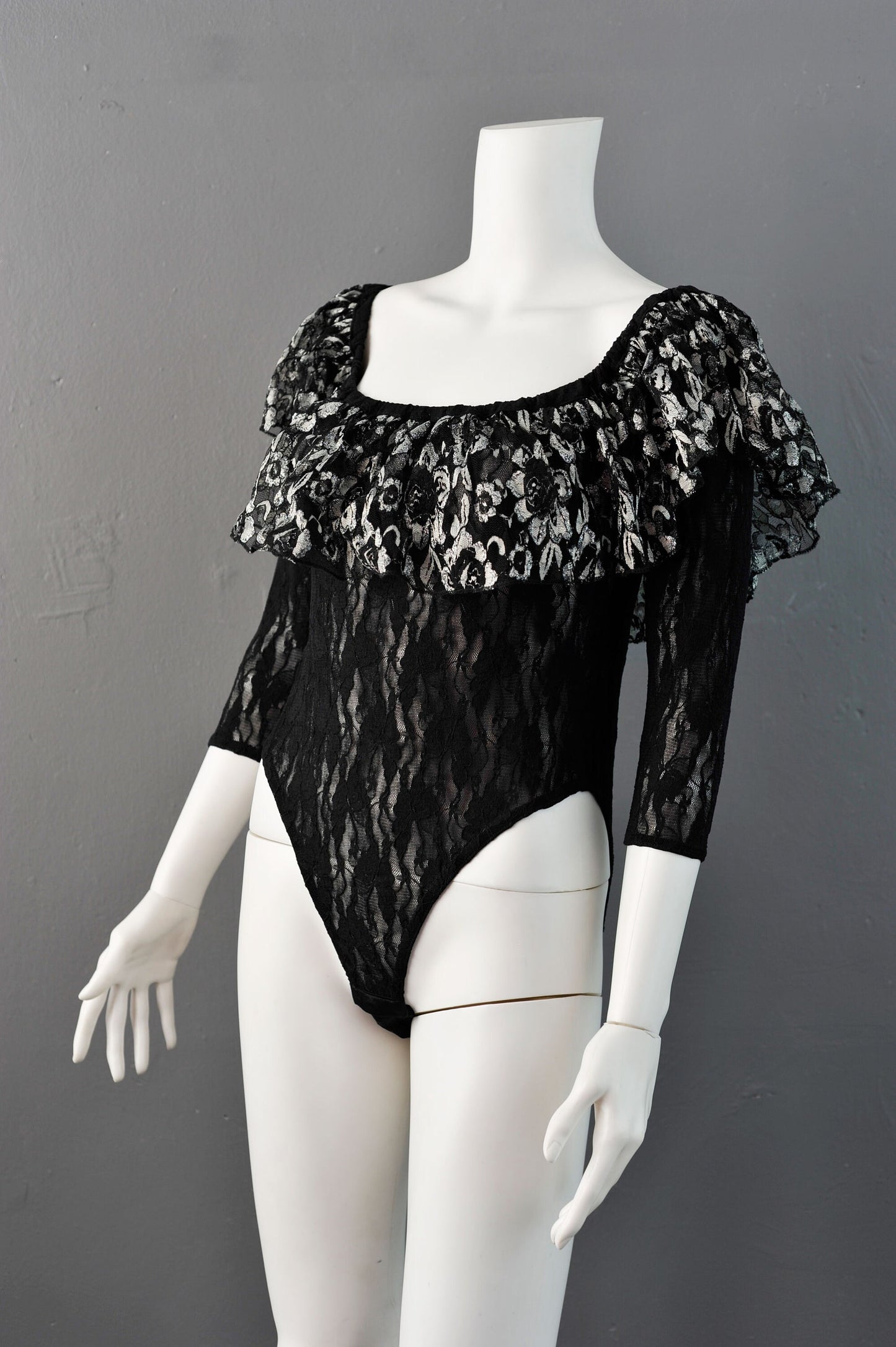 Vintage 80s Lace Body with Off Shoulder Ruffle by Buchholz, Size Medium Large
