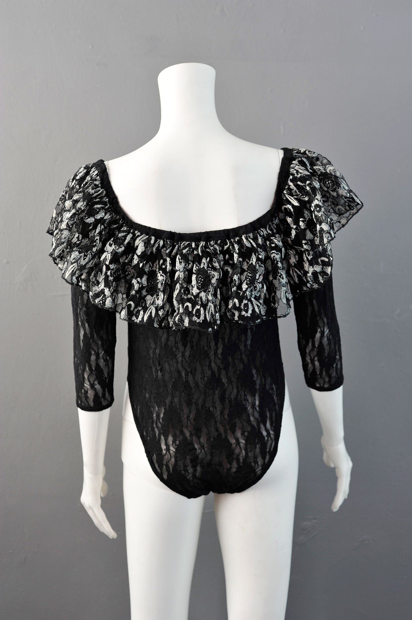 Vintage 80s Lace Body with Off Shoulder Ruffle by Buchholz, Size Medium Large