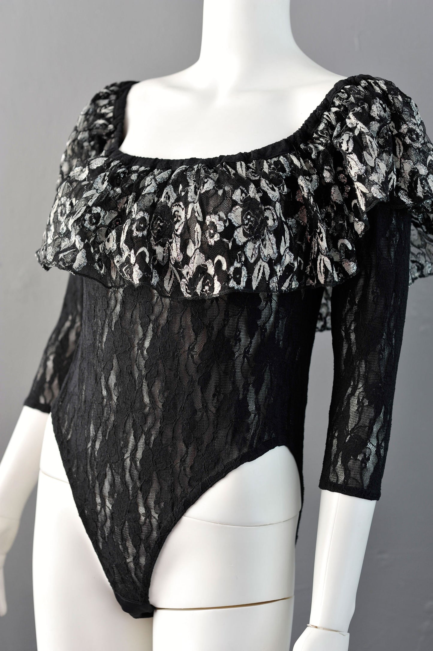 Vintage 80s Lace Body with Off Shoulder Ruffle by Buchholz, Size Medium Large