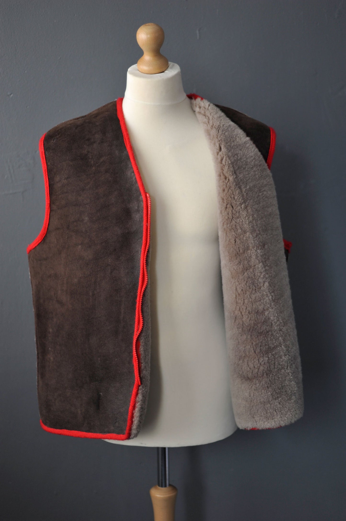 Vintage Sheepskin Gilet Vest with Native American Back Patch, Size XL