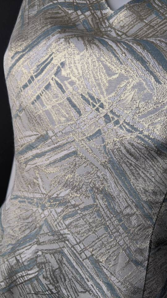 60s Brocade Cocktail Dress with Abstract Gold Streaks, Mid Thigh, Size Small
