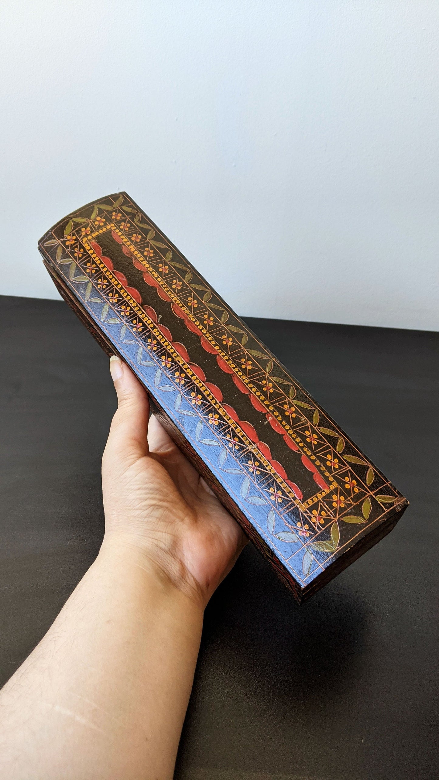 Vintage Handpainted Scribe's Box, Wooden Pen Pencil Storage