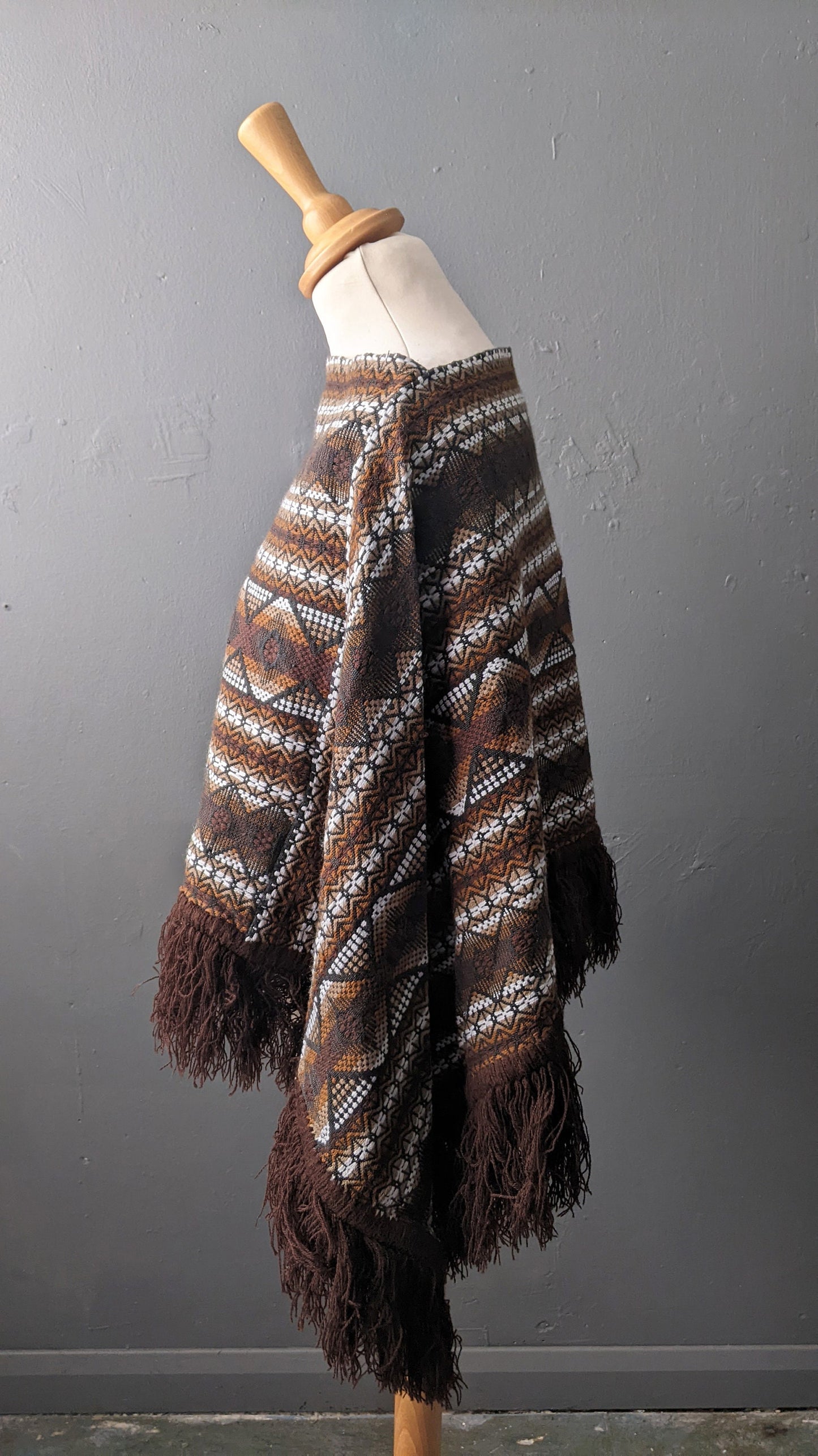 Vintage Guatemalan Poncho with Fringe, 70s Ethnic Boho, One Size
