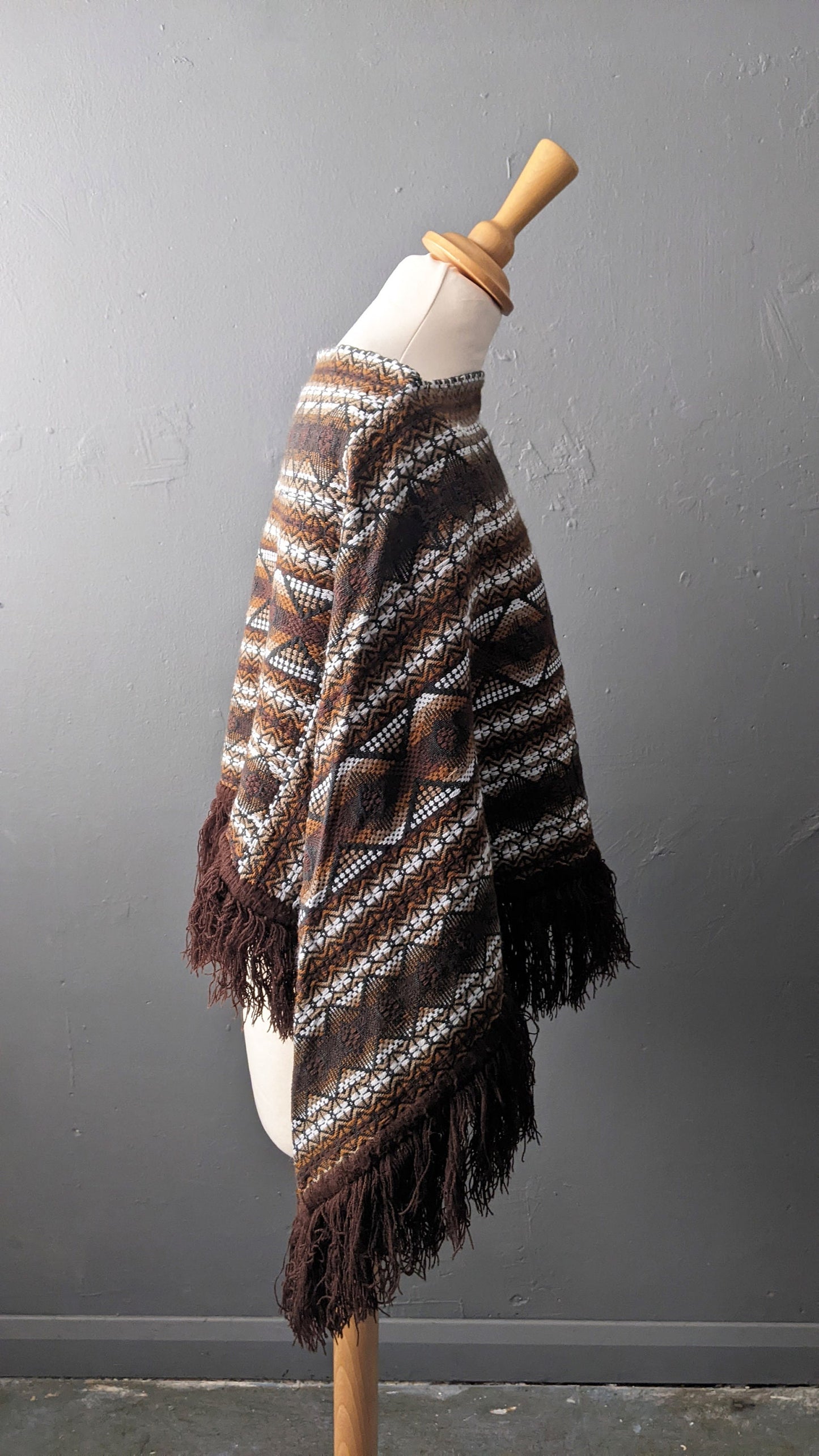 Vintage Guatemalan Poncho with Fringe, 70s Ethnic Boho, One Size