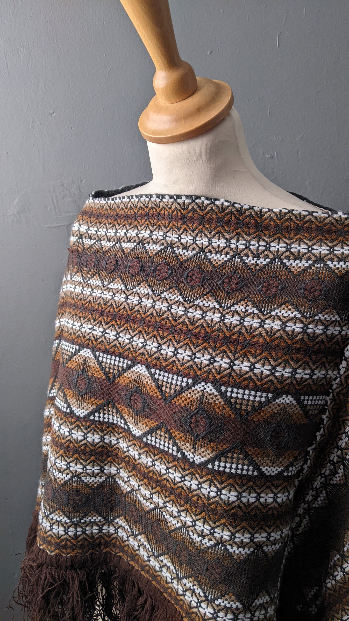 Vintage Guatemalan Poncho with Fringe, 70s Ethnic Boho, One Size