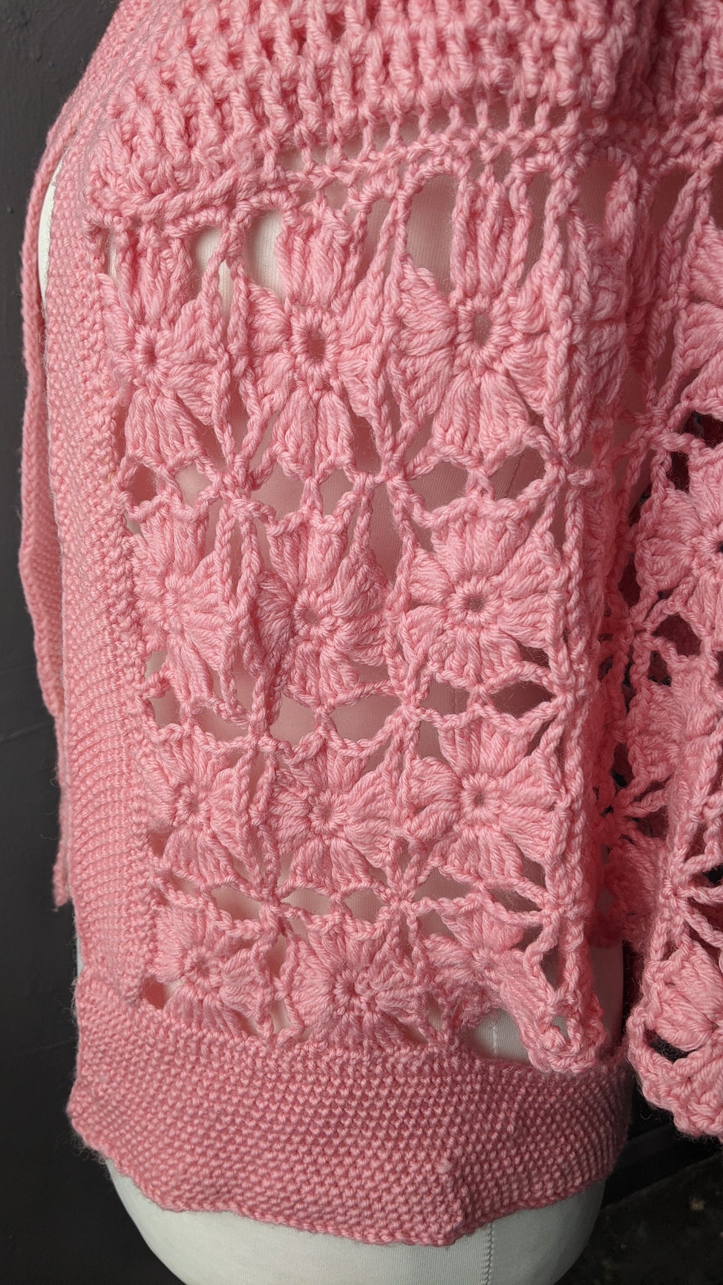 Vintage Crochet Bed Jacket, Rose Pink Shawl Style Housejacket, Size Small Medium