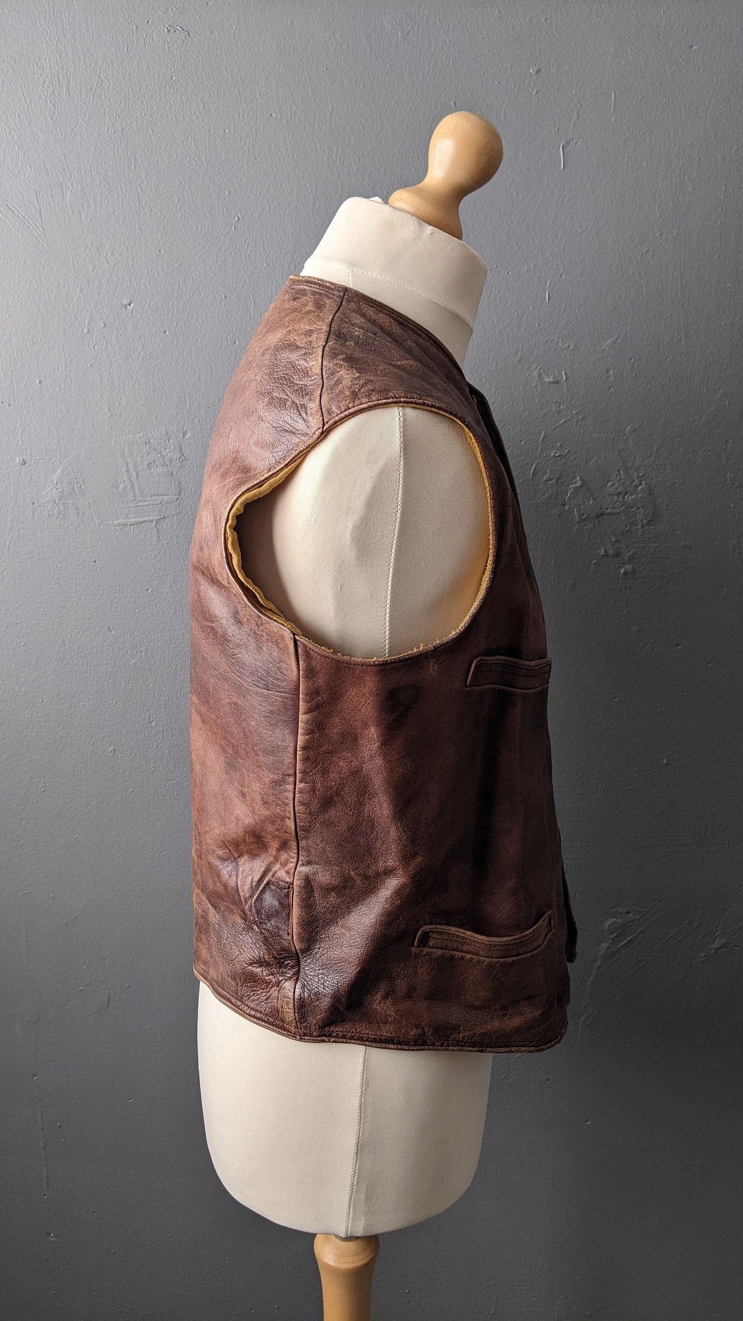 1940s Mens Leather Waistcoat, Vintage WWII Workwear, 40 Chest Size Medium
