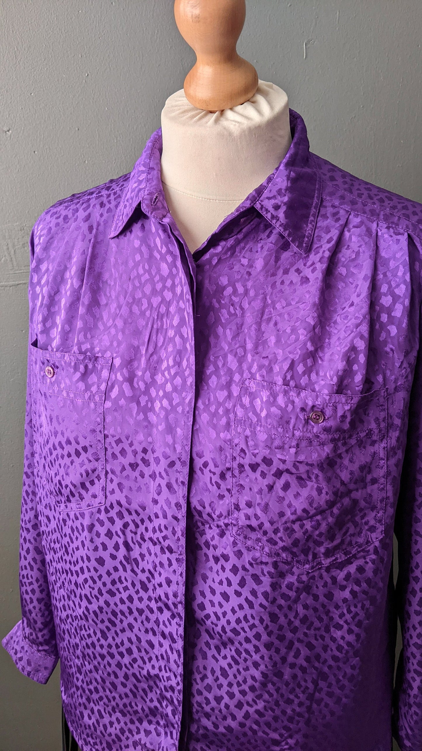 Vintage Royal Purple Blouse, 80s Jacquard Shirt, XL Plus Size