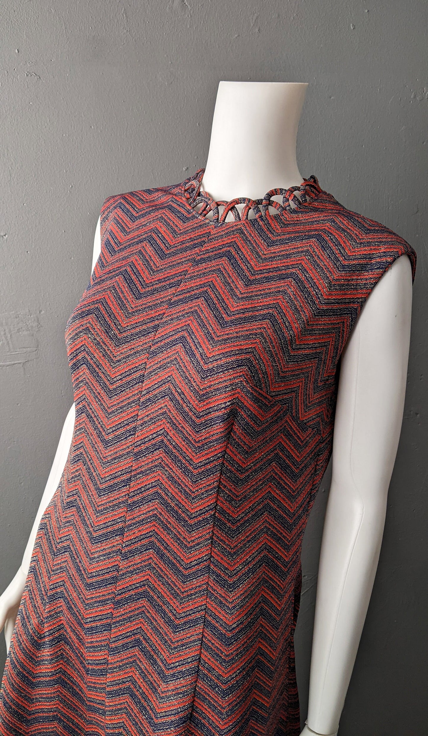 70s Sleeveless Maxi Dress with Zigzag Stripes, Summer Lurex Sparkle, Size Medium