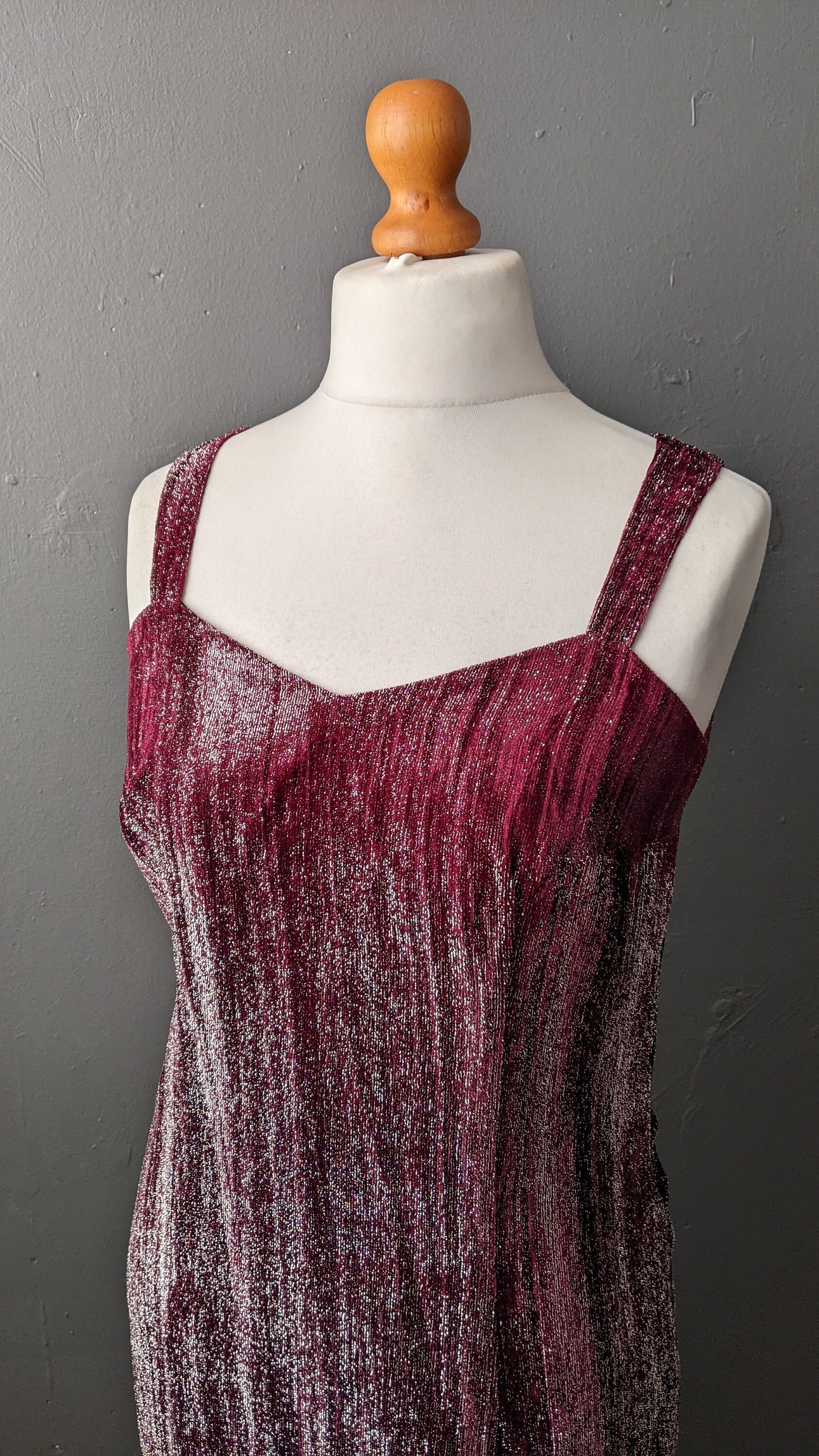 90s Plum Sheath Dress with Metallic Silver by Nienhaus & Lotz, Sparkly Eveningwear, Size Medium