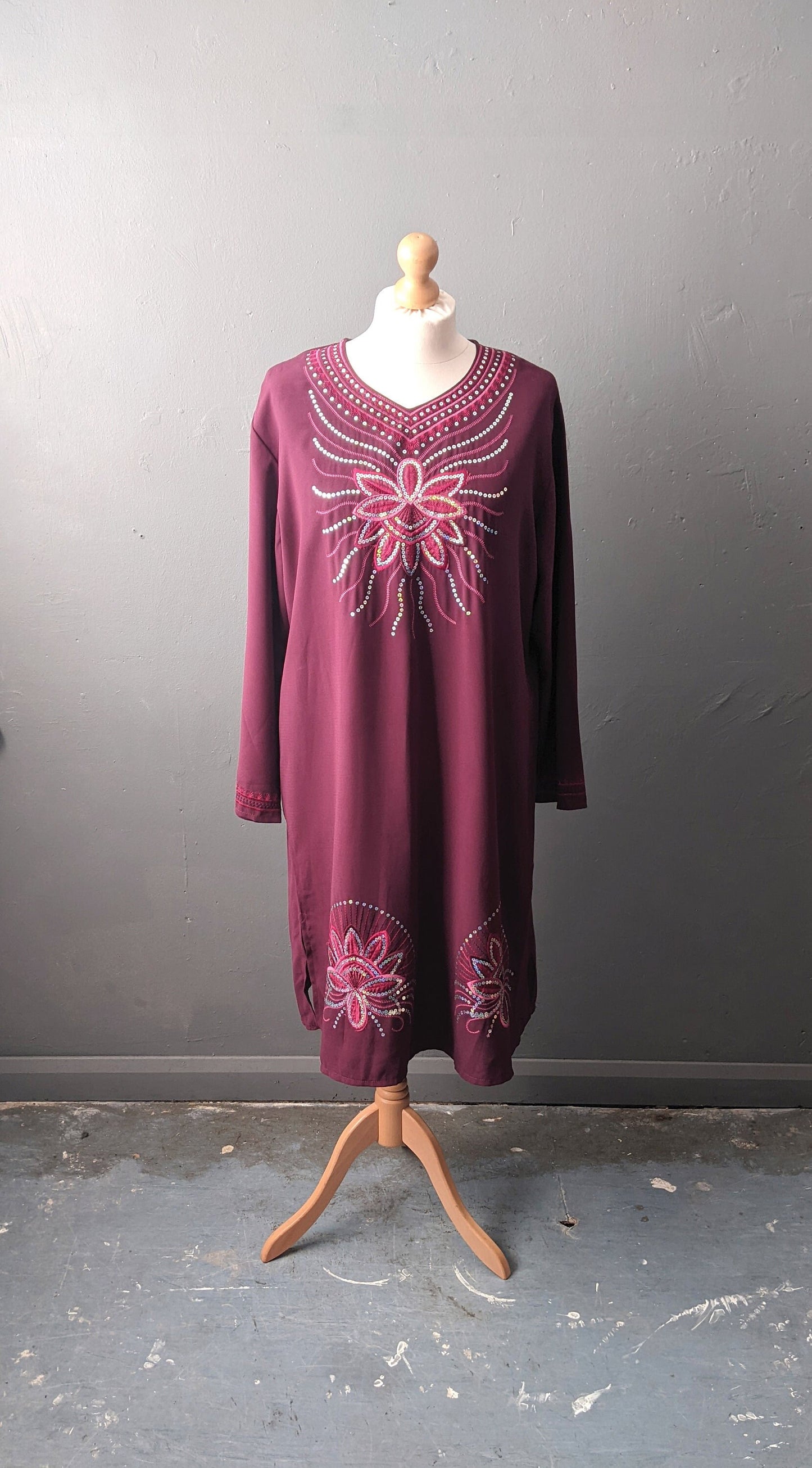 90s Sequin Embroidered Kaftan, Indian Ethnic Kurta, Long Loose Shirt, Plus Size XL XXL