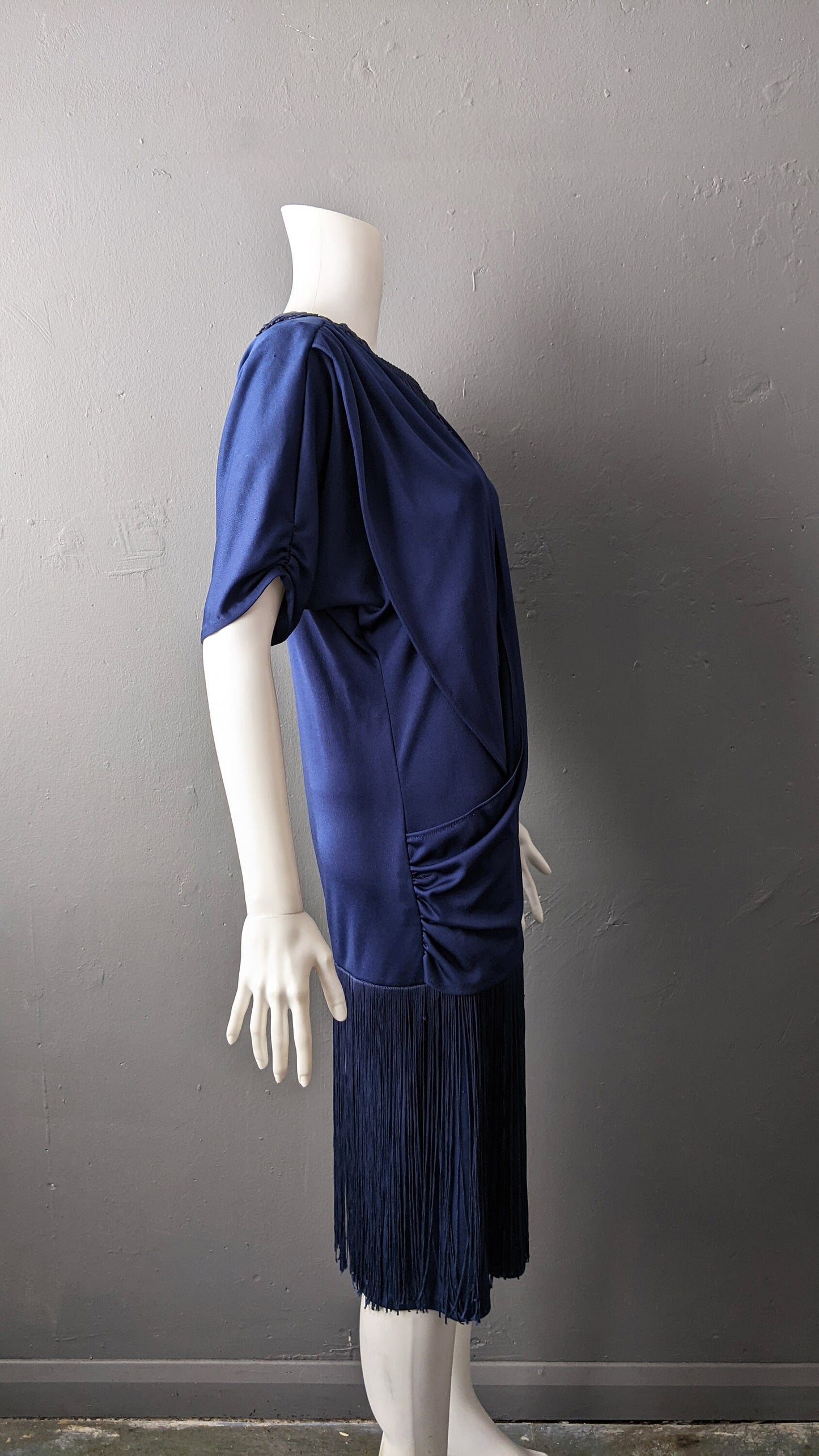 80s Flapper Fringe Dress, Draped Cocktail Dress, Size Medium