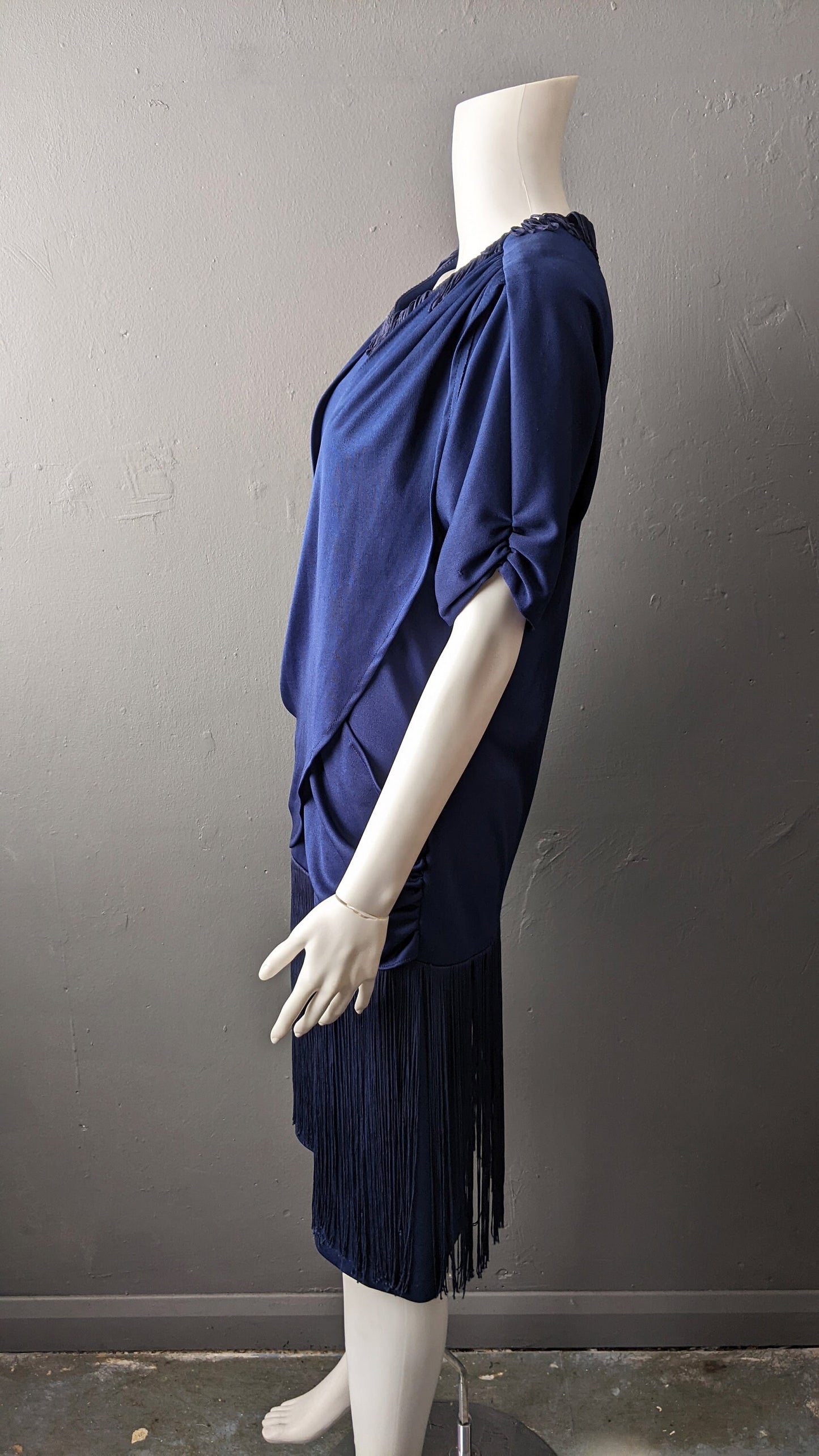80s Flapper Fringe Dress, Draped Cocktail Dress, Size Medium