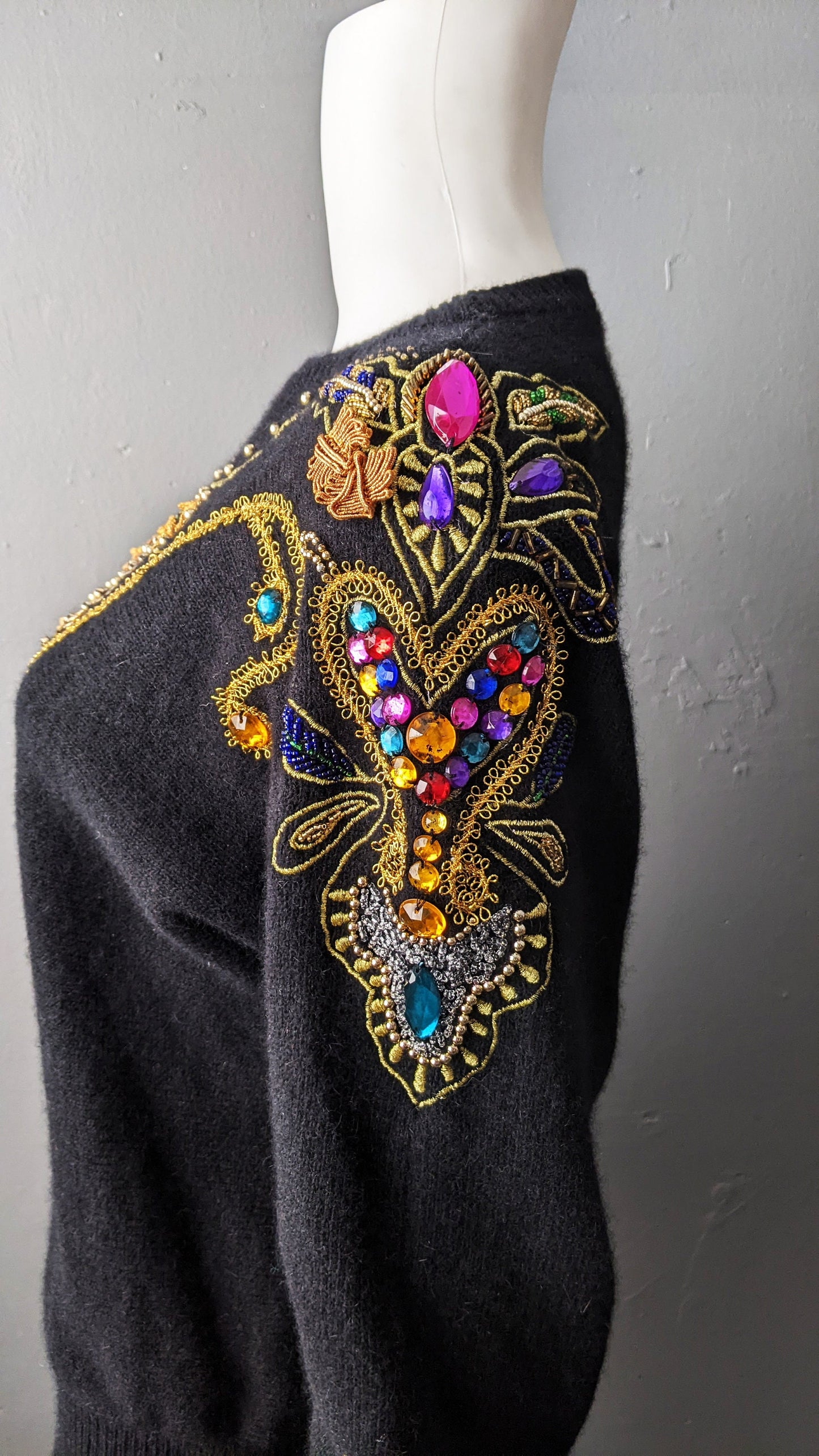 80s Embellished Beaded Sweater by Bluhmod, Kitsch Party Jumper, Size Small Medium