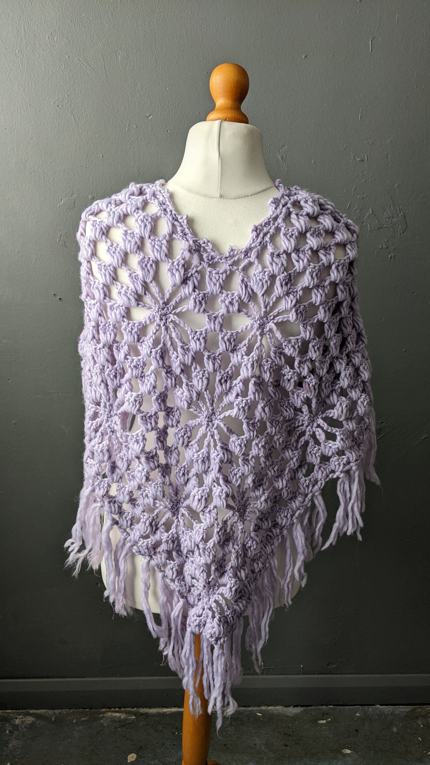Vintage Pastel Lilac Crochet Poncho with Tassel Fringe, One Size