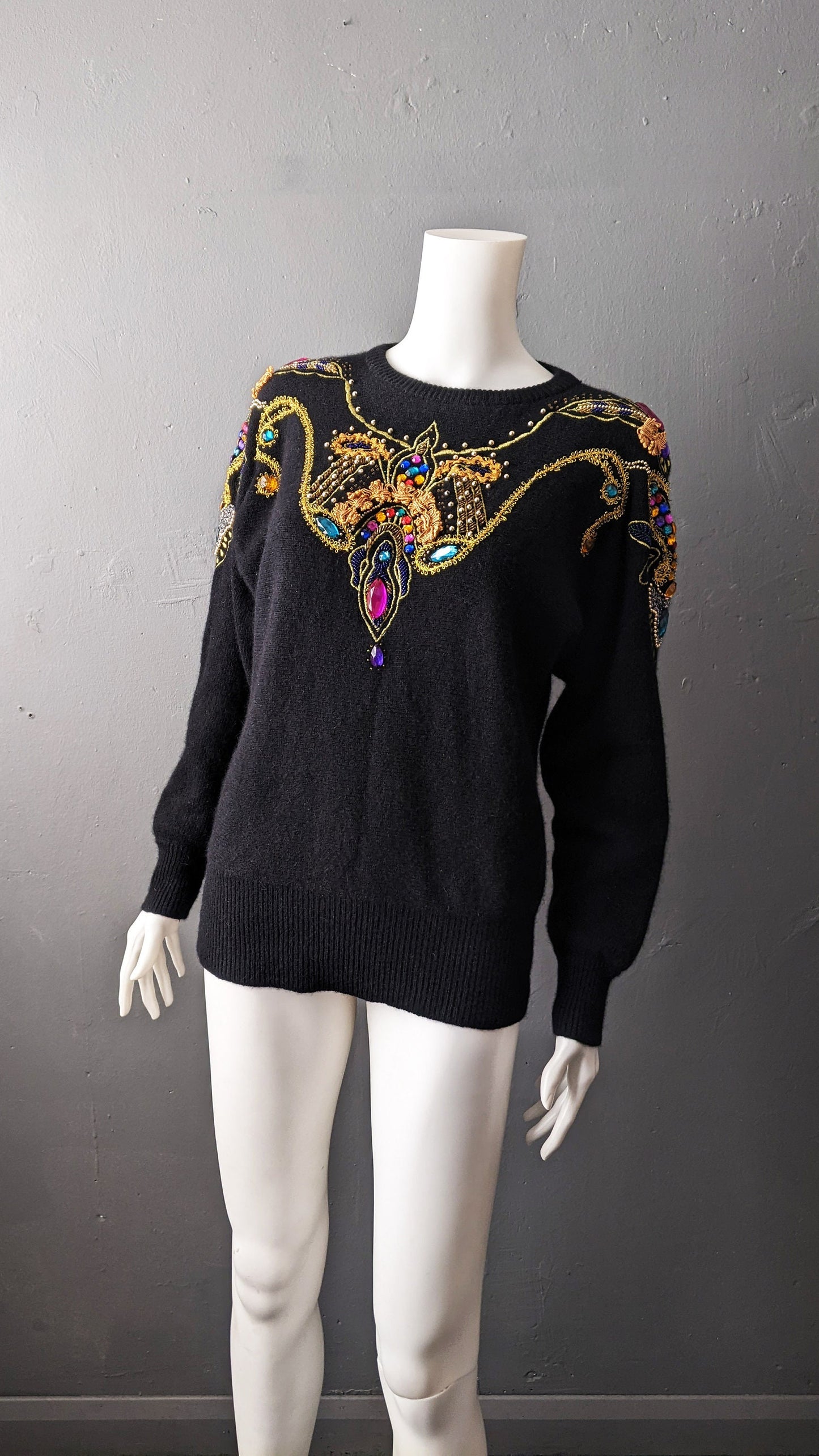 80s Embellished Beaded Sweater by Bluhmod, Kitsch Party Jumper, Size Small Medium