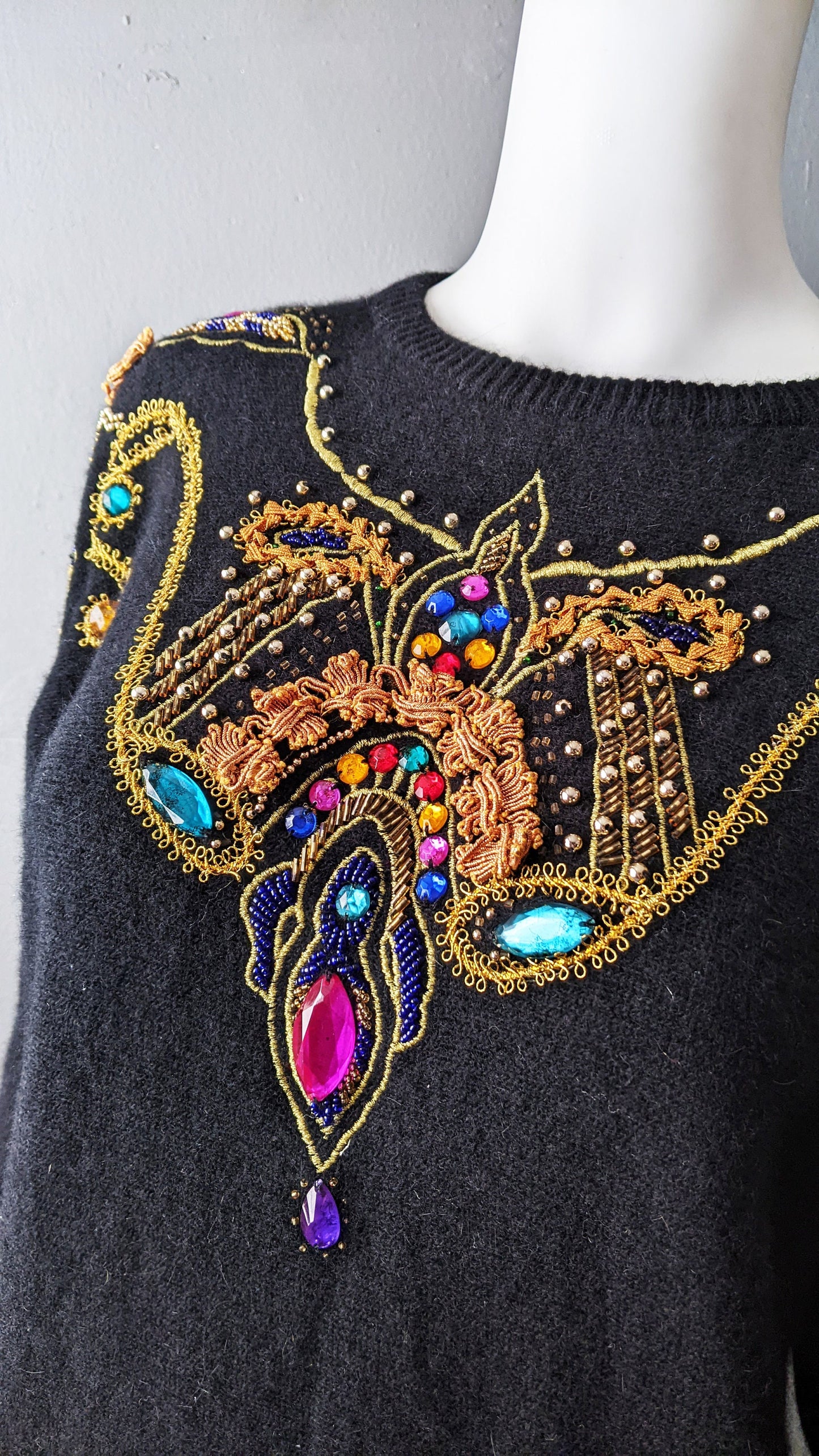 80s Embellished Beaded Sweater by Bluhmod, Kitsch Party Jumper, Size Small Medium