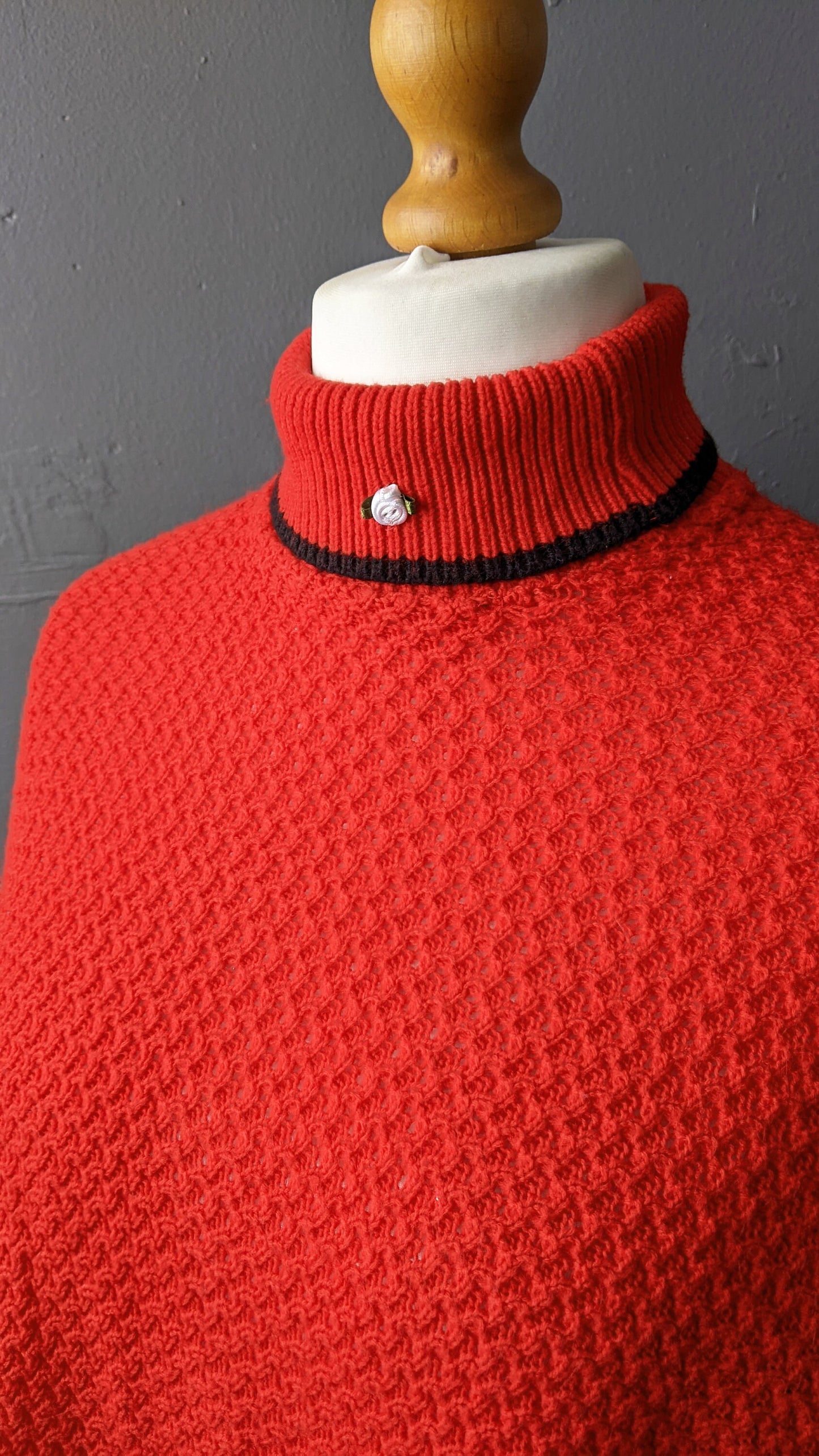 90s Red Wool Rollneck Poncho with Tassel Fringe, One Size