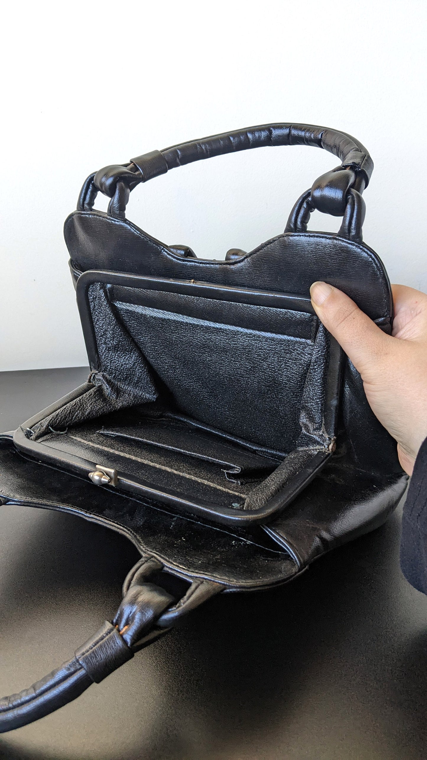 Vintage Black Handbag with Inner Frame, Vegan Leatherette Handheld Bag