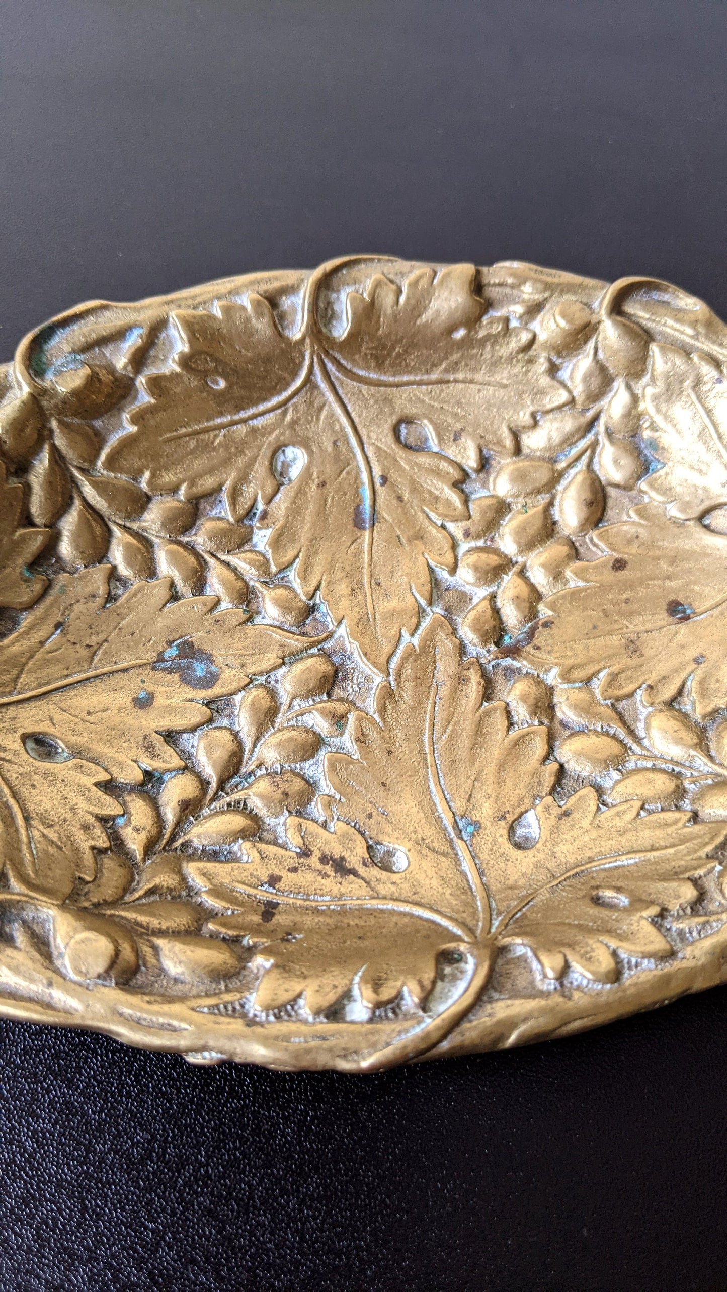 70s Brass Vine Leaf Trinket Dish by Collini Austria, Grape Leaves Shallow Bowl