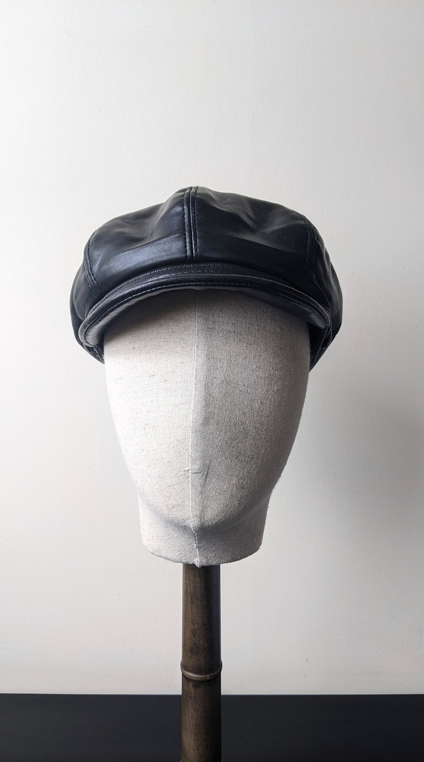 80s Black Leatherette Cap, PVC Baker Boy Hat, Size Small