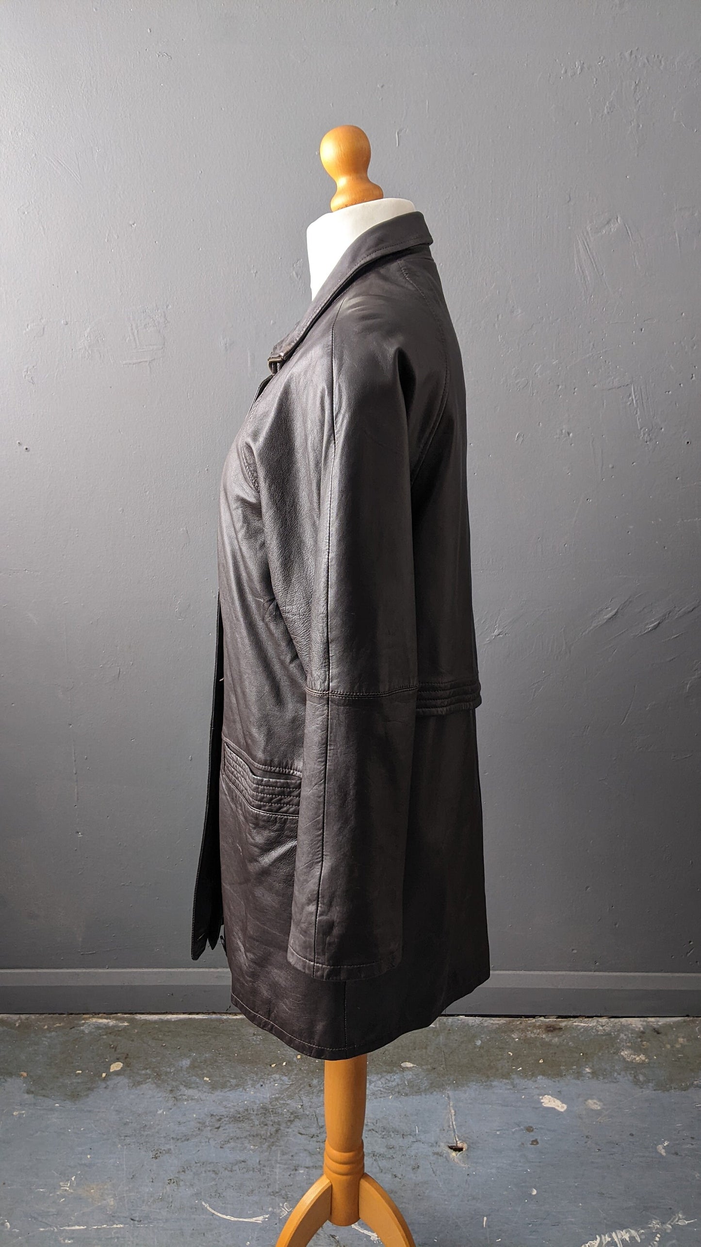 90s Oversized Leather Parka, Dark Brown Hip Long Coat, Size Medium Large