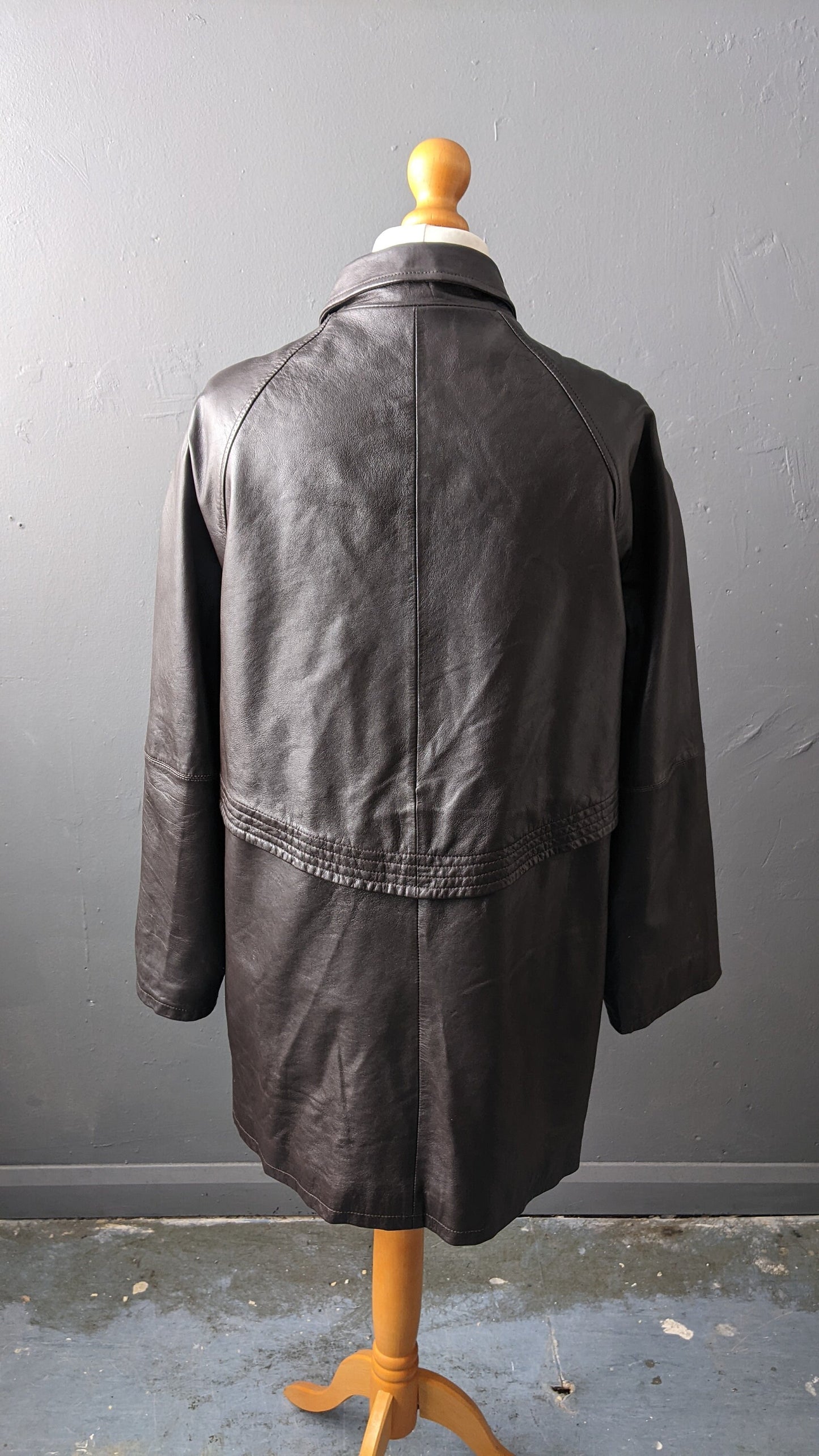 90s Oversized Leather Parka, Dark Brown Hip Long Coat, Size Medium Large
