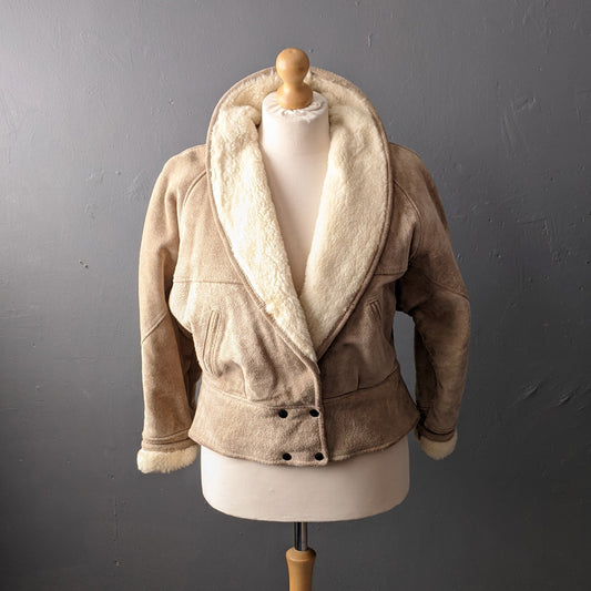 80s Suede Bomber Jacket, Faux Sheepskin Batwing Coat, Size Large