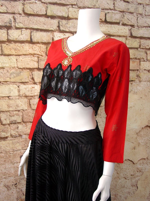 Embroidered Ethnic Crop Top, Indian Belly Shirt, OOAK Boho, Size Small to Medium