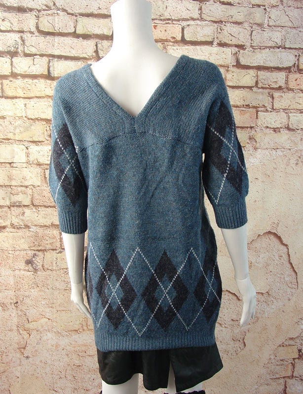 Embroidered Argyle Sweater with Alpine Climber, Size Medium