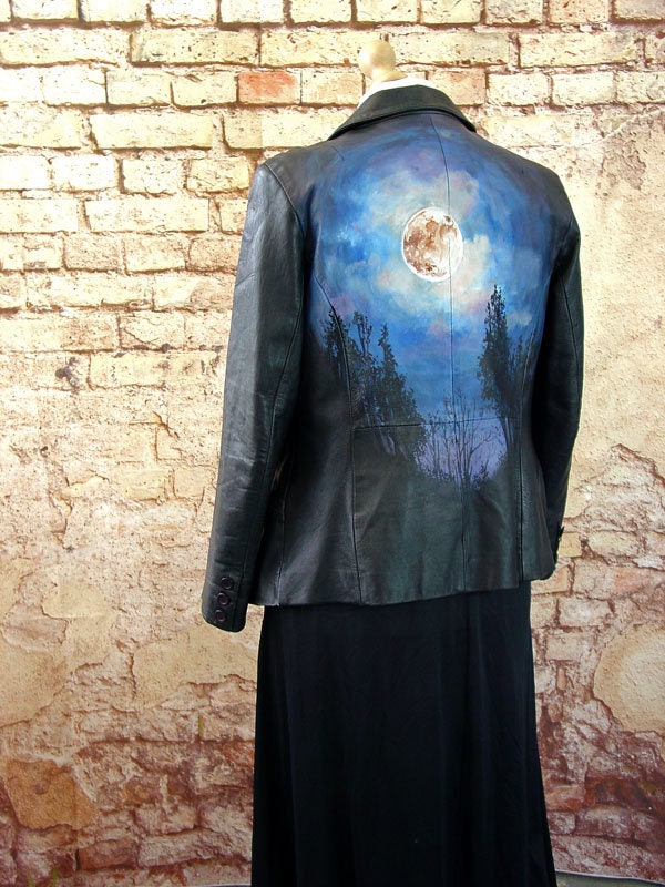 Painted Gothic Leather Jacket, Lunar Full Moon, Witchy Wearable Art