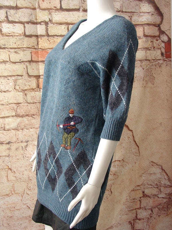 Embroidered Argyle Sweater with Alpine Climber, Size Medium