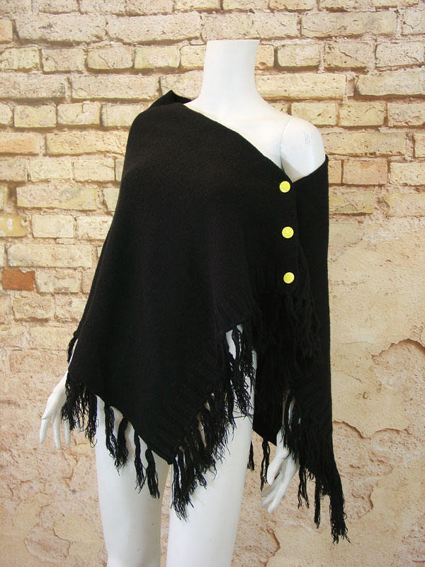 Button Up Knit Poncho, Wool Fringe Cape, Free Size