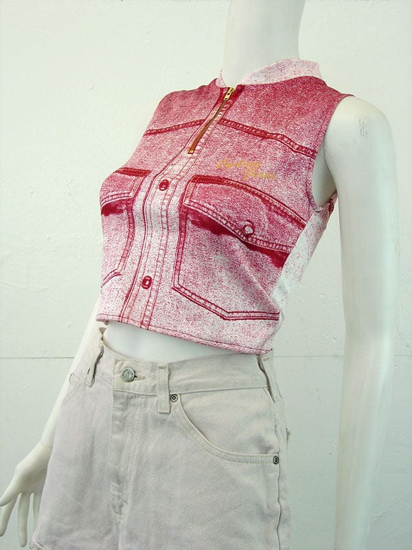 Denim Print Crop Top, Upcycled Cycling Jersey Activewear, Yoga Eco Fashion, Size Petite