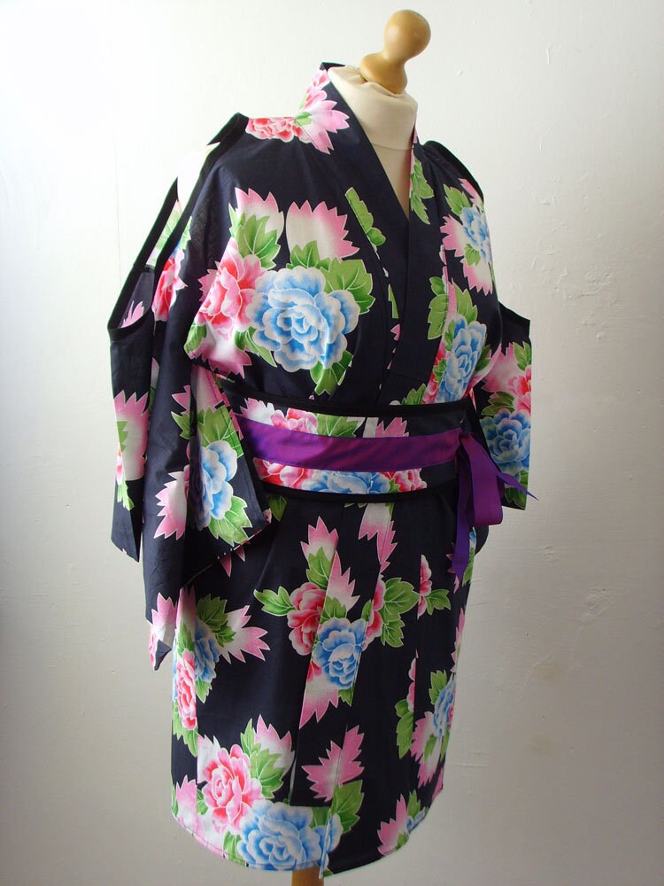 Vintage Reworked Kimono Jacket: Peony Print, Cold Shoulder, Obi Belt