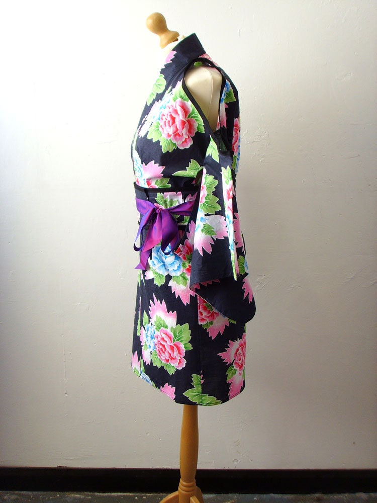 Vintage Reworked Kimono Jacket: Peony Print, Cold Shoulder, Obi Belt